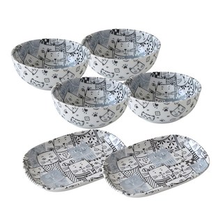 Just Home 日本製貓咪家族陶瓷 可愛日式, 6件組(2個7吋長方盤 + 4個5吋湯缽), 貓咪 白色 + 黑色 + 藍灰色, 1組