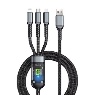 YORI CAR 優里 USB-Type-C-Lightning-Micro 透明指示燈一拖三充電線, 120cm, 黑色, 1條