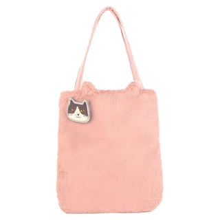 kUSUgURU JAPAN 日本眼鏡貓 Nagonago-san系列 毛絨異素材拼接設計手提萬用包 附贈胸針, 粉紅色