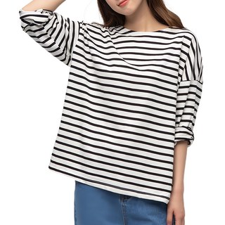 CARET 女款寬鬆長袖T恤，簡約條紋設計, Free Size, 黑色