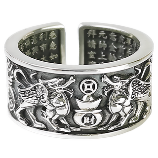 雙貔貅聚財寶戒指，925純銀，可調整式戒圍，戒指面寬約1cm, 轉運銀, 1個