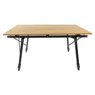 OMYCAR 戶外露營木紋鋁合金蛋捲桌, 輕量鋁合金材質, 結實耐用穩固耐重, 防滑又耐磨, 桌面採用捲疊式收納設計, 90cm, 90 x 52.5 x 45~66.5cm, 木色 + 黑色