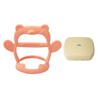 tgm 小熊手握型固齒器 + 收納盒 Set, 矽膠材質，幫助改善寶寶長牙不適, 小熊款固齒器 + 收納盒, 淡橘色 + 象牙白, 1組