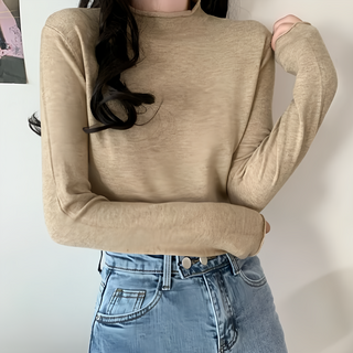 Chic 韓版 女款 微卷邊小高領親膚多色打底衫, 棉+聚酯纖維, 肩寬34cm 胸寬42cm 袖長50cm 全長58cm, 卡其色