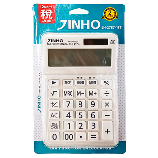 JINHO 京禾 12位元計算機 JH-2787-12T, 太陽能/電池 雙重電源, 稅功能, 保固2年, 白色, 1個