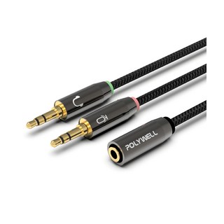 POLYWELL 寶利威爾 AUX 3.5mm 4極音源轉接線 1母2公 25cm, PW15-W52-A005, 黑色, 1條