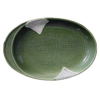 綠釉米紋橢圓皿 - 日本製 容量260mL 陶瓷, 1個