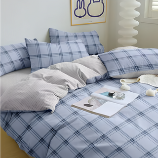 A-ONE 雪紡棉被套, 耐洗染色堅牢度高, 高成本磨毛處理, 雙人, 棋盤格藍