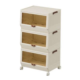 FAmILyLIFE 生活 上掀式可疊加斜口磁吸收納箱3件組 附輪組 18L, 米白色, 1組