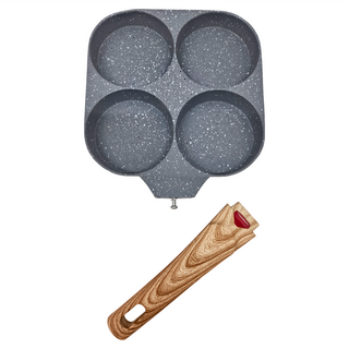 感溫變色四孔煎蛋鍋 鋁合金鍋身 不鏽鋼複合鍋底 櫸木手柄 總長37x寬度18.5x高度2.2cm 單孔9cm 手柄長18.5cm, 1個