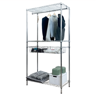 KI WISH 居家生活 三層拉籃衣櫥架 銀色 90 x 46 x 180cm 開放式收納 鍍鉻鋼鐵