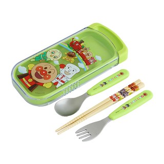 ANPANMAN 麵包超人 AL麵包超人餐具組, 綠色, 適用於幼稚園的孩童, 筷子長度15cm, 筷子 + 湯匙 + 叉子 + 收納盒, 1組