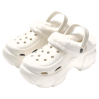 ego life 鈕扣配飾柔軟毛絨可拆卸EVA增高厚底拖鞋洞洞鞋, 白色, 37~38