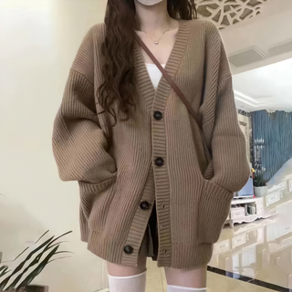 V領寬鬆小香風排釦外套，帶口袋, 全長69cm + 肩寬59cm + 胸寬62cm + 袖長44cm, 咖啡色