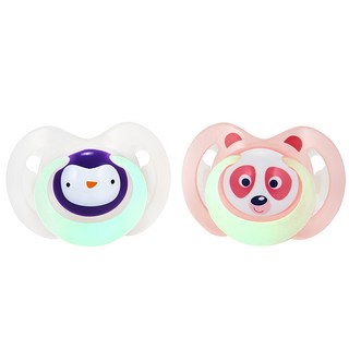 Nuby 動物圖案夜光安撫奶嘴2入組, 0~6個月, 企鵝款 + 熊貓款, 1組