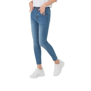 CARET 女款雙扣緊身牛仔褲, L, 藍