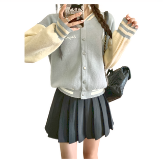 Y7069 撞色字母短版外套 針織+聚酯纖維, 肩寬 51cm 胸寬 50cm 袖長 45cm 全長 59cm, 灰