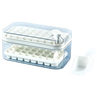 64格按壓式冰塊盒, 上層製冰下層儲冰，一鍵出冰，密封蓋設計，食品級材質，帶冰鏟, 23.8 x 13.5 x 10.9cm, 百合白, 1個