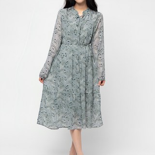 CARET 女款碎花雪紡洋裝, 繫帶, 襯衫領, 長版, 均碼, 淺藍