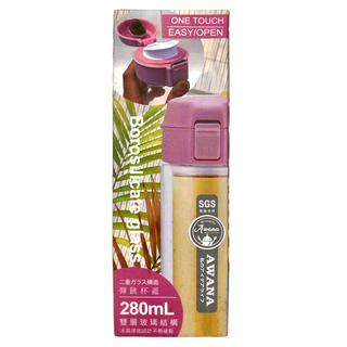 AWANA 彈蓋雙層玻璃杯 GL-280, 粉紅色, 280ml, 1個