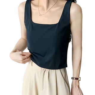 冰絲寬肩方領背心 Set 2件, 內墊不可拆, 彈性佳, 棉+聚酯纖維, 均碼, 深藍