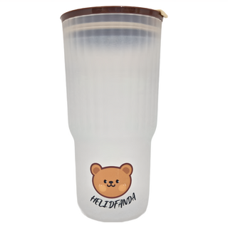 Ins大容量隨手飲料杯 650ml 雙飲杯口 密封防漏 卡通小熊圖案 細膩觸感, 棕色, 1個