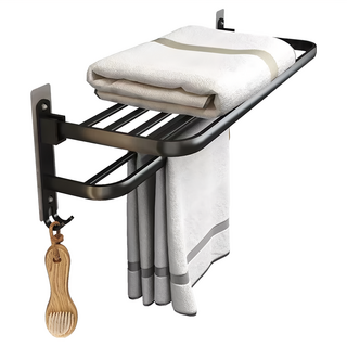 mohe 木暉居家 免打孔無痕貼 太空鋁雙層摺疊毛巾置物架, BKAR1507-GR, 1個