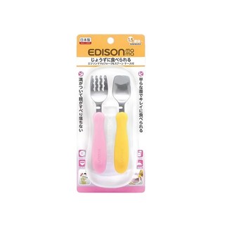 EDISON mama 嬰幼兒學習餐具組 附收納盒 1.5歲以上, 叉子+湯匙, 粉色+黃色, 1組