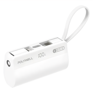 POLYWELL 寶利威爾 直插隨身行動電源 5000mAh Type-C/Lightning, PB5000, 白色