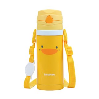 PiYOPiYO 小鴨 不鏽鋼真空吸管隨行杯 廣口設計 可入冰塊 彈蓋式 食品級304不鏽鋼材質 附揹帶, 黃色, 420ml, 1個