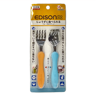 EDISON mama 嬰幼兒學習餐具組 1.5歲以上, 叉子 + 湯匙, 橘色 + 藍色, 1組
