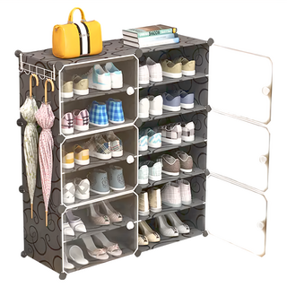 多功能側開式2列6層鞋櫃 + 頂部置物架 內隔2層, 黑色, 1個