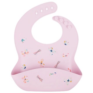 Loulou LOLLIPOP 寬口袋立體矽膠圍兜 可愛設計圖騰手繪 防水材質 一件式好清洗 四段式扣環脖圍可調整, 花蝴蝶 多色, 1入, 1個