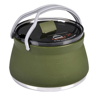 OUTSY 便攜直火加熱矽膠摺疊鍋/水壺 多種爐具適用 304不鏽鋼鍋底 食品級矽膠 V型出水口, 軍綠色, 1個