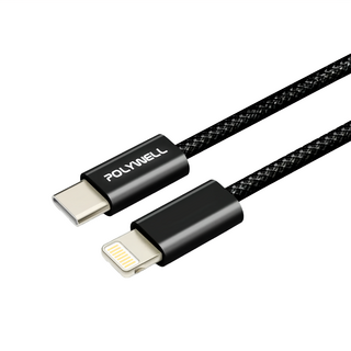POLYWELL 寶利威爾 Type-C-Lightning PD編織快充線 PW15-W45-M931, 20cm, 黑色, 1條