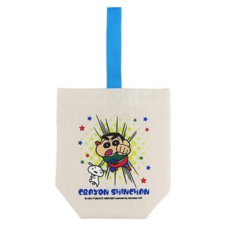 Miravivi 蠟筆小新飲料提袋 帆布尼龍材質 尺寸38x21x10cm 寬底部設計, 動感超人 米白色 + 藍色, 1個