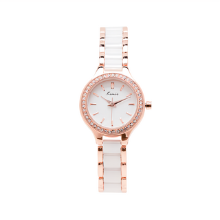 Kimio 浪漫圓舞曲陶瓷奢華點鑽邊框金屬鍊帶手錶, WKI6121, 白面白帶, 白色 + 玫瑰金