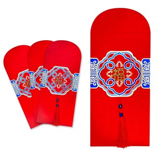 摩達客 春節開運古典藍金宮廷立體銅福字流蘇燙金紅包袋, 4個