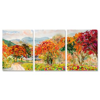 24mama 水彩油畫掛畫 三聯式 暈染 渲染 楓紅 秋天 風景, 40 x 30cm, 無框畫