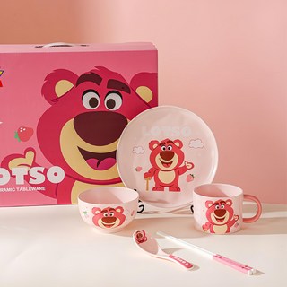 TOY STORY 玩具總動員 玩趣草莓熊一人食五件組, 陶瓷餐具套裝, 盤子 + 碗 + 杯 + 勺子 + 筷子, 混合色, 1個