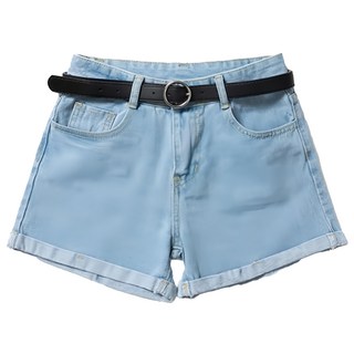 葉子小舖 高腰牛仔短褲 反折高腰 棉+聚酯纖維 白色/黑色/深藍, M, 淺藍色