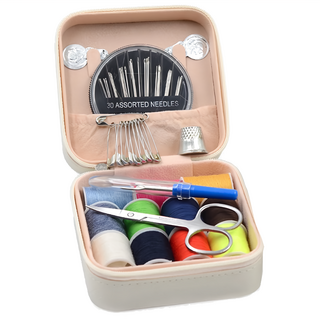 德利生活 便攜家用荔枝紋針線盒 10 x 9.8 x 5cm 米色, 多功能針線收納盒, 旅行家用縫紉工具套裝, 1個