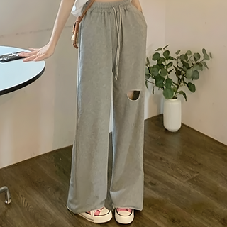 不修邊鬆緊破洞寬褲, XL, 灰色