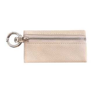 真皮頭層牛皮掛勾鑰匙包, 帶零錢袋, 象牙白, 1個
