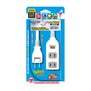 PowerWork 動力工廠 延長線 CT2032 180度轉向平貼式插頭 耐高溫防火材質 過載自動斷電保護, 1.8m, 白色, 1條