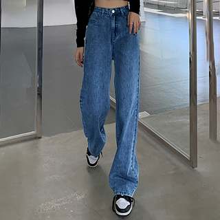 HL885 高腰素面顯瘦直筒牛仔寬褲 M, 深藍