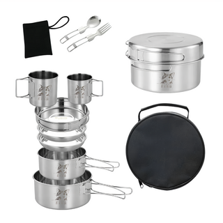 A&R 吾家有貓 戶外露營野炊折疊收納圓形碗盤餐具11件套裝 附收納袋, 銀色 + 黑色, 1組