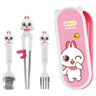 Edison Friends 兒童餐具組 可愛動物角色學習筷, 兔子 Ranny, 湯匙*1支+叉子*1支+右手學習筷*1雙+收納盒*1個, 1組