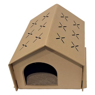哈囉毛孩 DIY貓抓板造型貓屋 優質瓦楞紙 全貓齡適用, L 43 x 39 x 34.5cm, 棕色, L 43 x 39 x 34.5cm, 1個