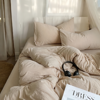 柔軟微皺水洗棉床包 親膚透氣 簡約時尚, 法式奶茶